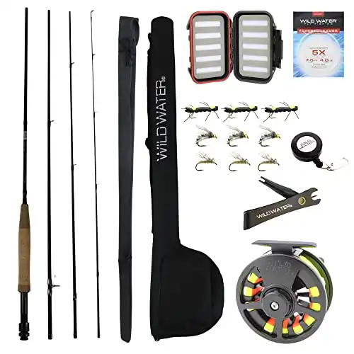 Wild Water Standard Fly Fishing Combo Starter Kit, 5 or 6 Weight 9 Foot Fly Rod, 4-Piece Graphite Rod with Cork Handle, Accessories, Die Cast Aluminum Reel, Carrying Case, Fly Box Case & Fishing F...