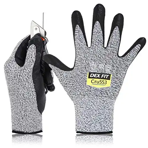 DEX FIT Level 5 Cut Resistant Gloves Cru553, 3D Comfort Stretch Fit, Power Grip, Durable, Thin, Touchscreen, Washable, Grey L (9) 1 Pair