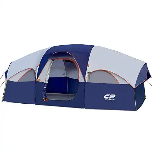 CAMPROS CP Tent-8-Person-Camping-Tents, Waterproof Windproof Family Tent, 5 Large Mesh Windows, Double Layer, Divided Curtain for Separated Room, Portable with Carry Bag - Blue