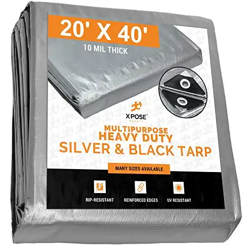 Heavy Duty Poly Tarp - 10 Mil Thick Waterproof, UV Blocking Protective Cover - Reversible Silver and Black - Laminated Coating - Grommets - by Xpose Safety (20 Feet x 40 Feet)