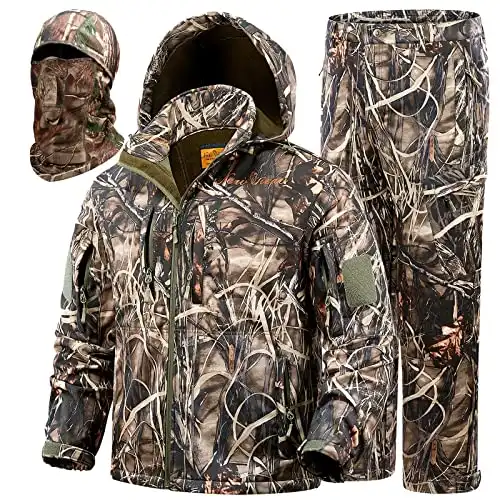 NEW VIEW Hunting Clothes for Men with 11 Pockets, Fleece-Lined Silent Water Resistant Camo Jacket and Pants, Mask Included