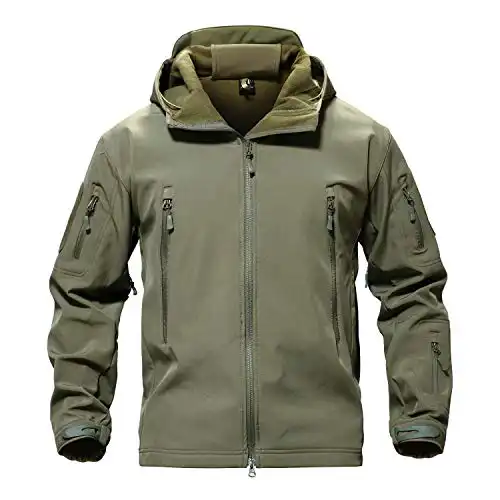 TACVASEN Men Windproof Softshell Tactical Hoodie Fleece Hunting Jacket Coat Army Green,US L