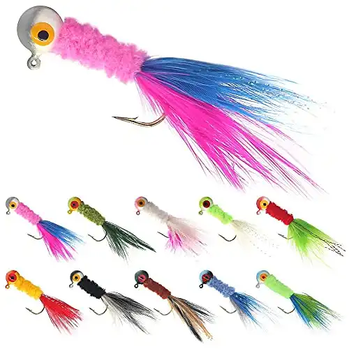 Crappie-Jig-Marabou-Feather-Jigs-for-Crappie-Fishing-Lures kit 50 Pack Panfish Sunfish Hair Jig Bait 1/8 1/16 1/32 oz (Round Heads 1/32oz-50 Pack)