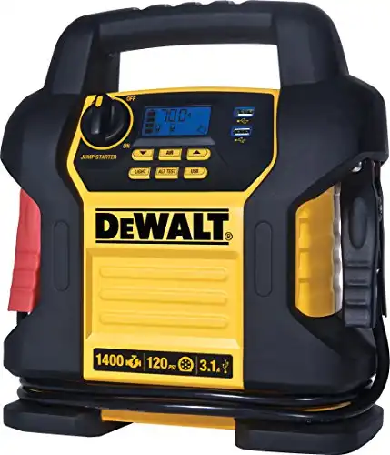 DEWALT DXAEJ14 Digital Portable Power Station Jump Starter: 1400 Peak/700 Instant Amps, 120 PSI Digital Air Compressor, 3.1A USB Ports, Battery Clamps , Yellow