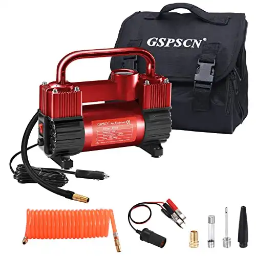 GSPSCN Red Tire Inflator Heavy Duty Double Cylinders, Portable Metal DC 12V Air Compressor, 150PSI Tire Pump with Adapter for Car, Truck, SUV Tires, Dinghy, Air Bed etc