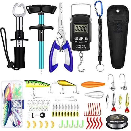 134 Pcs Fishing Tool Kit Included Fishing Lures Baits Tackle, Fish Hook Remover Tool, Fish Lip Gripper, Portable Digital Fish Scale Fishing Pliers with Sheath 2 Fishing Lanyard (Fresh Style, Blue)