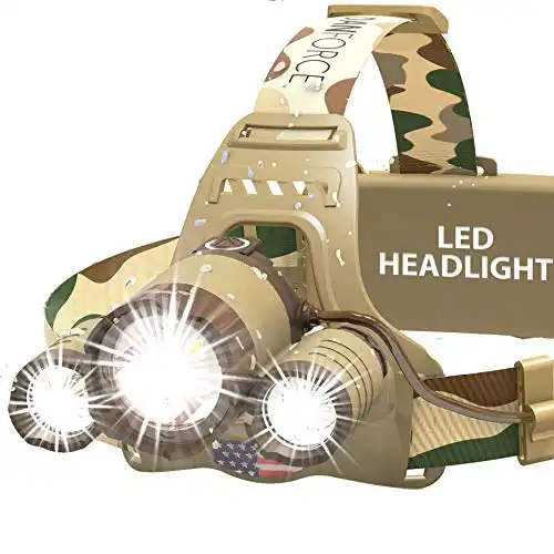 DanForce Camouflaged Headlamp Ultra Bright USB Rechargeable Head lamp. Tactical Head Flashlight Designed Especially for Hunting & Fishing. LED Headlamps CREE 1080 Lumens Headlight with Red Light