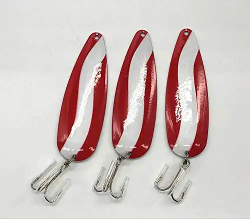 Klima Red & White Spoon with Treble Metal Hooks for Casting Fishing Northern Pike Walleye, 4 3/4" Large Mouth Bass Freshwater Best Canadian Lure for Lakes (3-Pack)