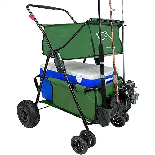 EasyGo Product Fishing Cart Wagon - Holds 5 Poles Portable Large Air Rubber Wheels Cooler Platform Storage Pouch Folds to Fit in Trunk of Car Piers, Lakes, Rivers and Beaches Patents Pending, Green