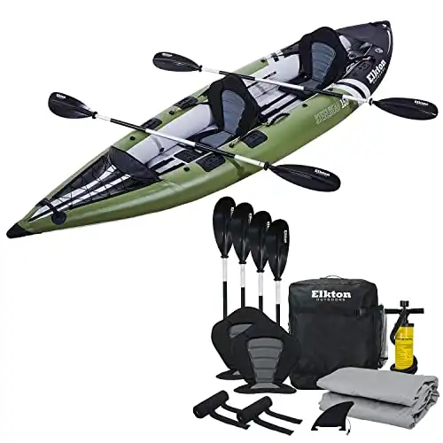 Elkton Outdoors Steelhead Inflatable Fishing Kayak – Two-Person Angler Blow Up Kayak, Includes Paddles, Seats, Hard Mounting Points, Bungee Storage, Rigid Dropstitch Floor and Spray Guard