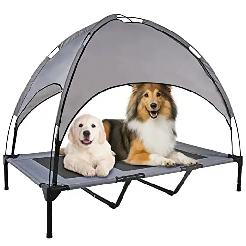 OLSAGO Elevated Dog Bed with Canopy, Portable Raised Pet Cot for Camping or Beach, Removable Canopy, Durable 1680D Oxford Fabric Raised Mesh Cot, Breathable Cooling Outdoor Dog Bed (Large, Grey)