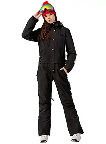 SNBOCON Womens One Piece Ski Suit Colorful Jumpsuits Snowboard Snowsuits Winter Outdoor Waterproof for Snow Sports(L,Blk)