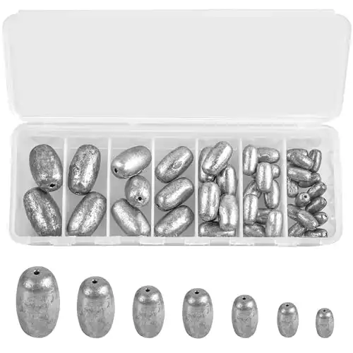 Egg Sinkers Fishing Weights,42pcs Fishing Sinker Weights Kit Oval Shape Fising Weights Saltwater Freshwater Slip Sinkers Bass Casting Worm Weights Tackle