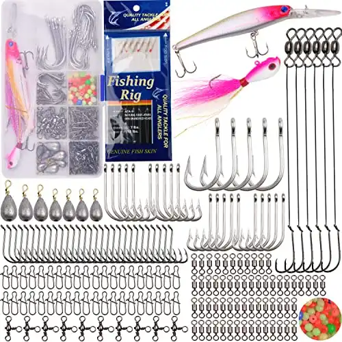 226pcs Saltwater Fishing Tackle Kit with Tackle Box - Saltwater Fishing Lures Fishing Rigs Bucktail Jig Fishing Hooks Fishing Weights Swivel Snap Beads Various Fishing Accessories